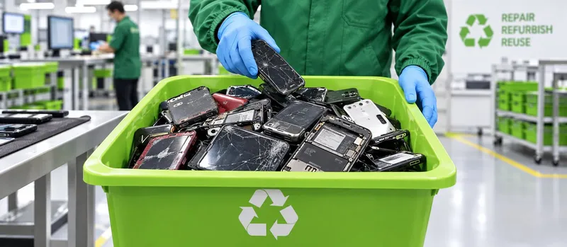 Decommissioned smartphones collected in a recycling bin at a repair and refurbishing facility