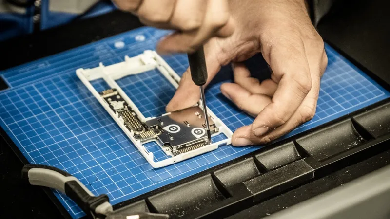 A smartphone opened on the bench, its mainboard being released from the chassis